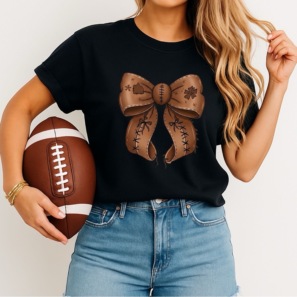 🏈 Coquette Football T-shirt 3d faux leather bow S M L XL new Game day